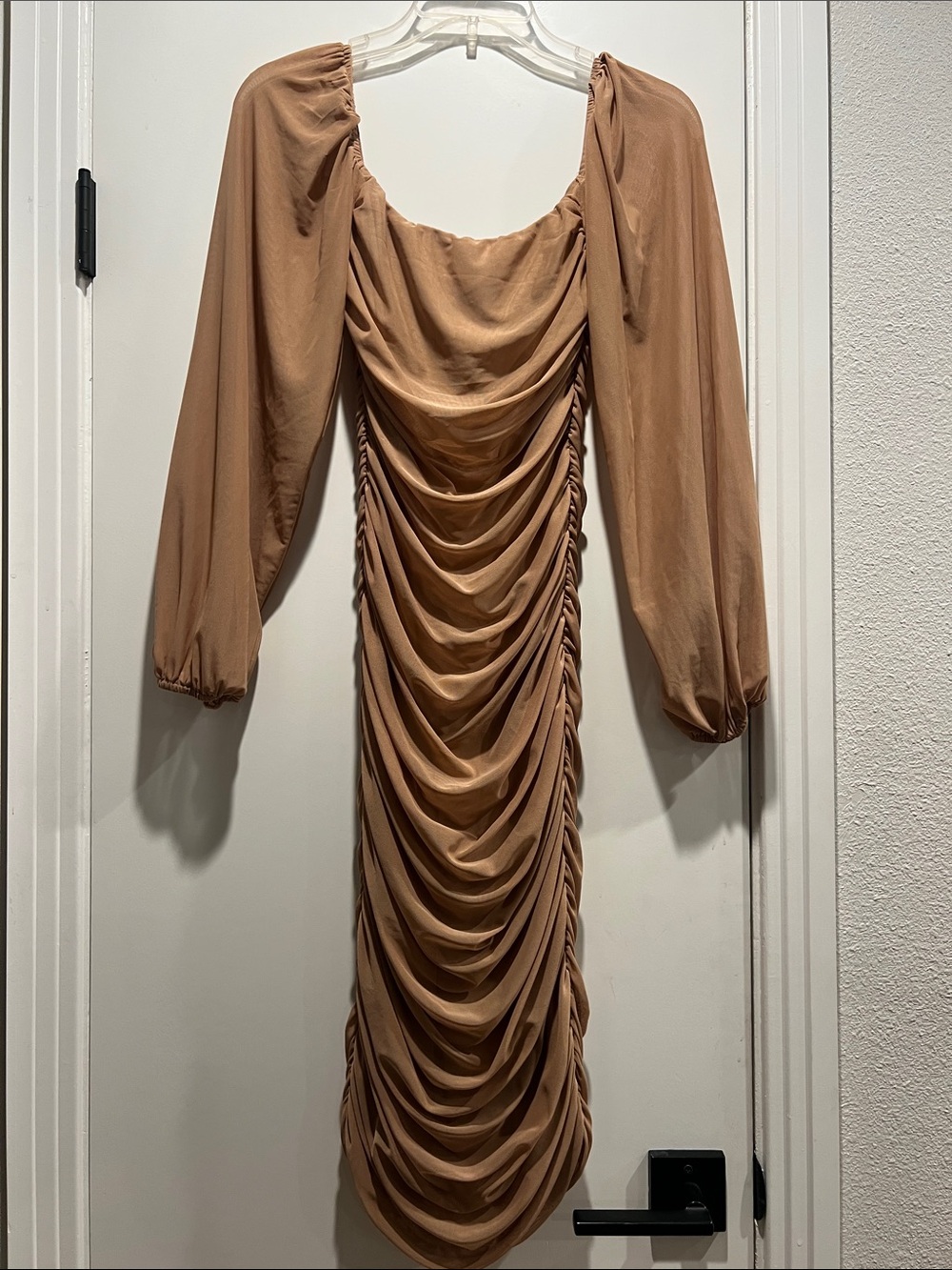 SHEIN Camel Ruched Long Sleeve Midi Dress